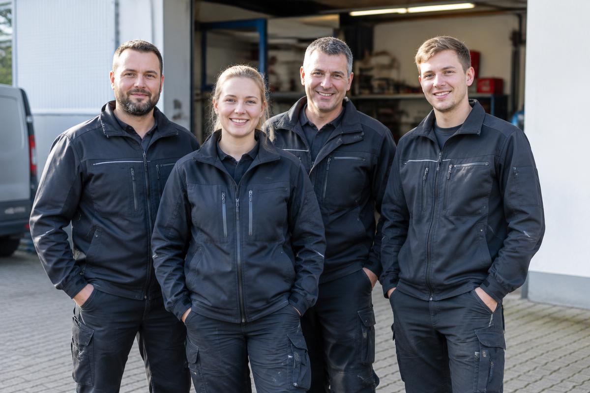 Das Team des Elektromeisterbetriebs vor der Werkstatt